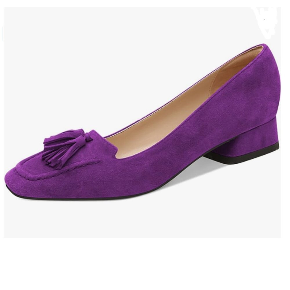 YDN Purple Chunky Low Heel Loafers Square Toe Tassel Fringed Pumps Daily Shoes